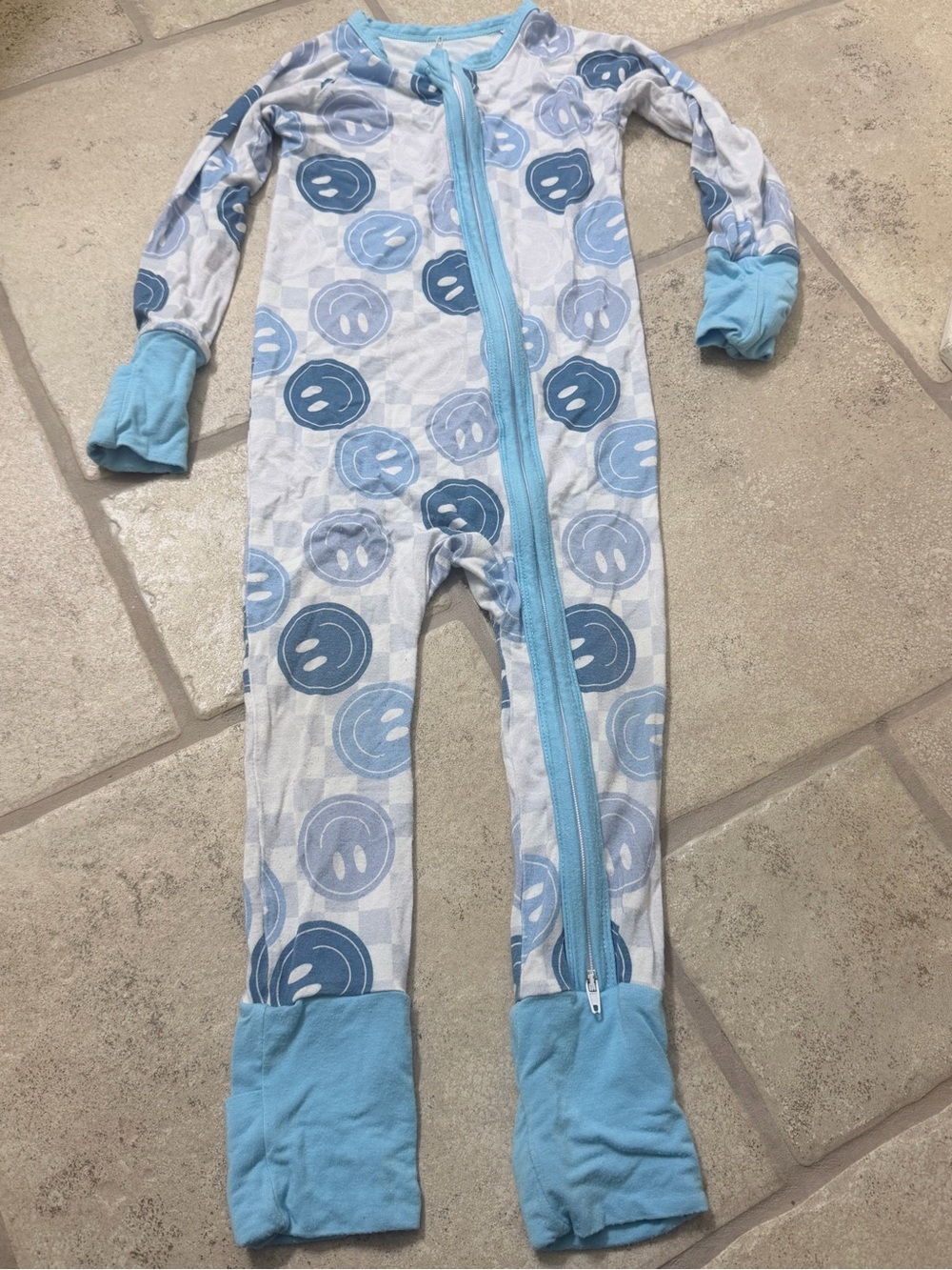 Blue Smiley Print Bamboo One-Piece Pajamas with Zip